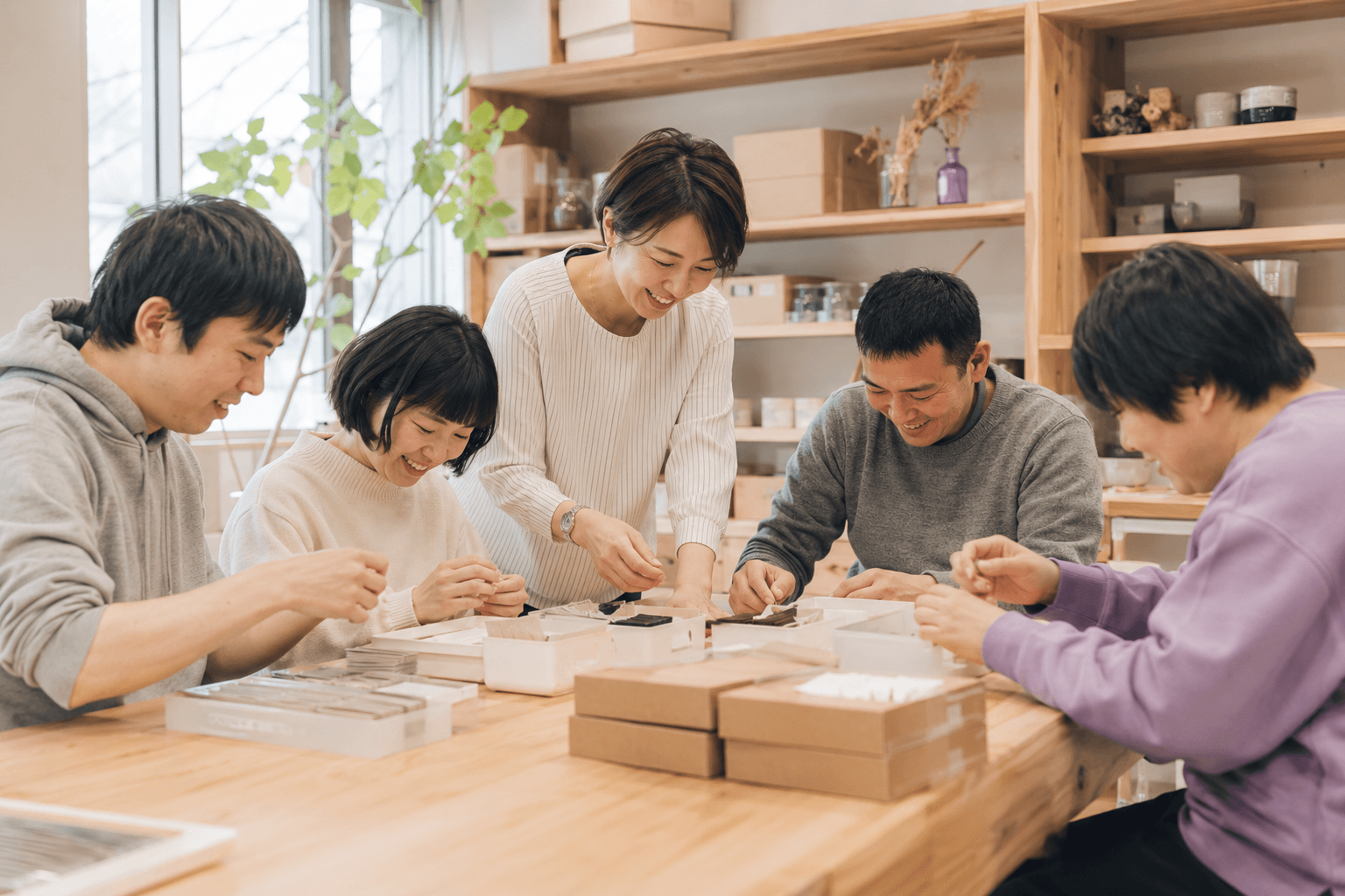 就労支援の場で支援者と参加者が一緒に軽作業へ取り組む様子